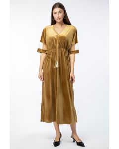 velvet fabric women dress with transparent sleeves