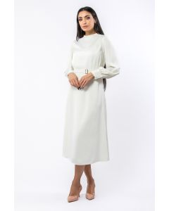 solid colored women satin dress with belt on waistline