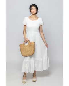 Women Short Sleeve Summer Dress with Perforated Slots and Embroidery Pattern