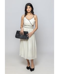 Women Sleeveless Midi Dress with Embroidery Details and Tie Waist Belt