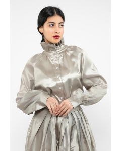 women satin shirt with ruffled high collar