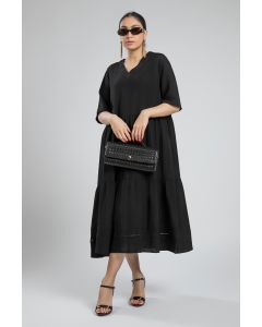 فستان ميدي أسود بطيات متعددة