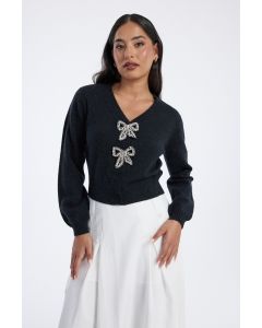 knitted cardigan with rhinestone bow