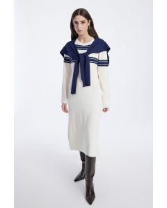 فستان محبوك طويل بتفاصيل مخططة