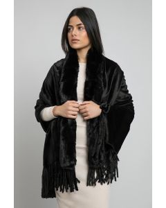 شال بحافة فرو صناعي وشراشيب
