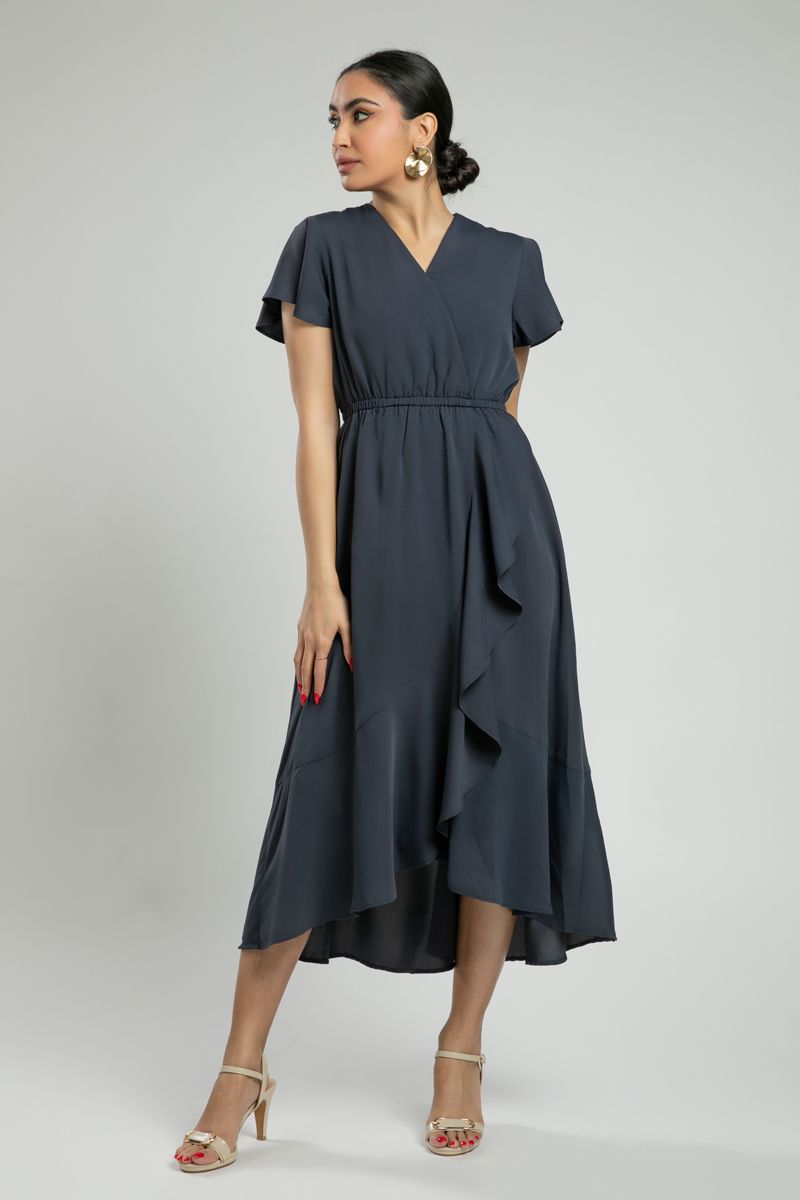 Short Sleeve Midi Dress with Cascading Detail