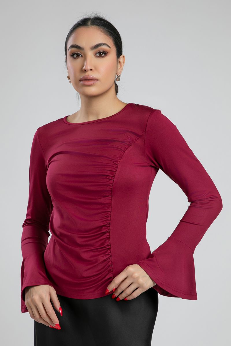 Ruched Front Blouse with Flared Sleeves