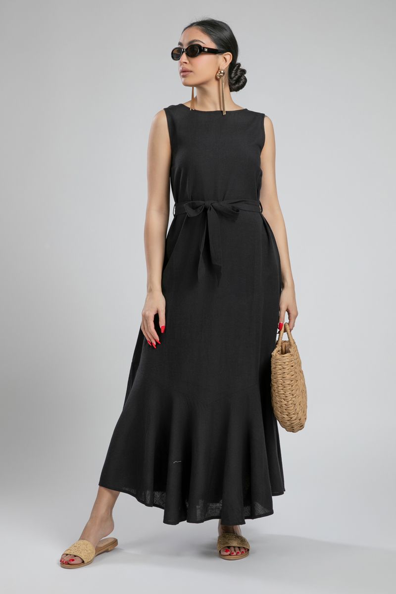 Sleeveless Maxi Dress with Waist Tie