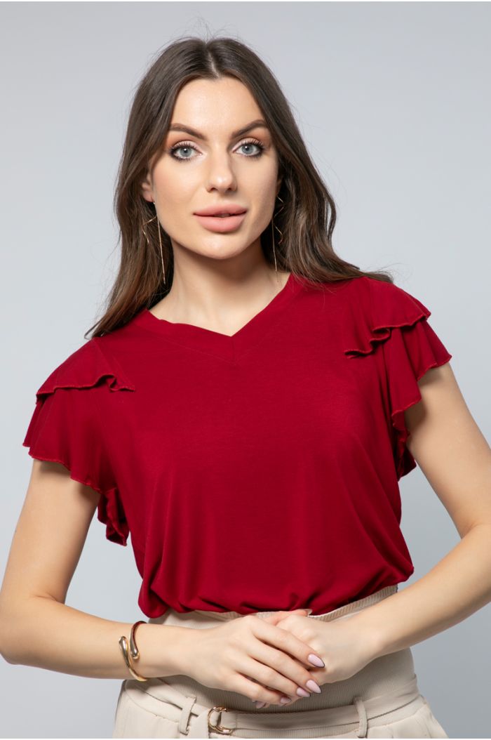 Short Sleeves Top with Ruffled Details - Effortless Style in Solid Color