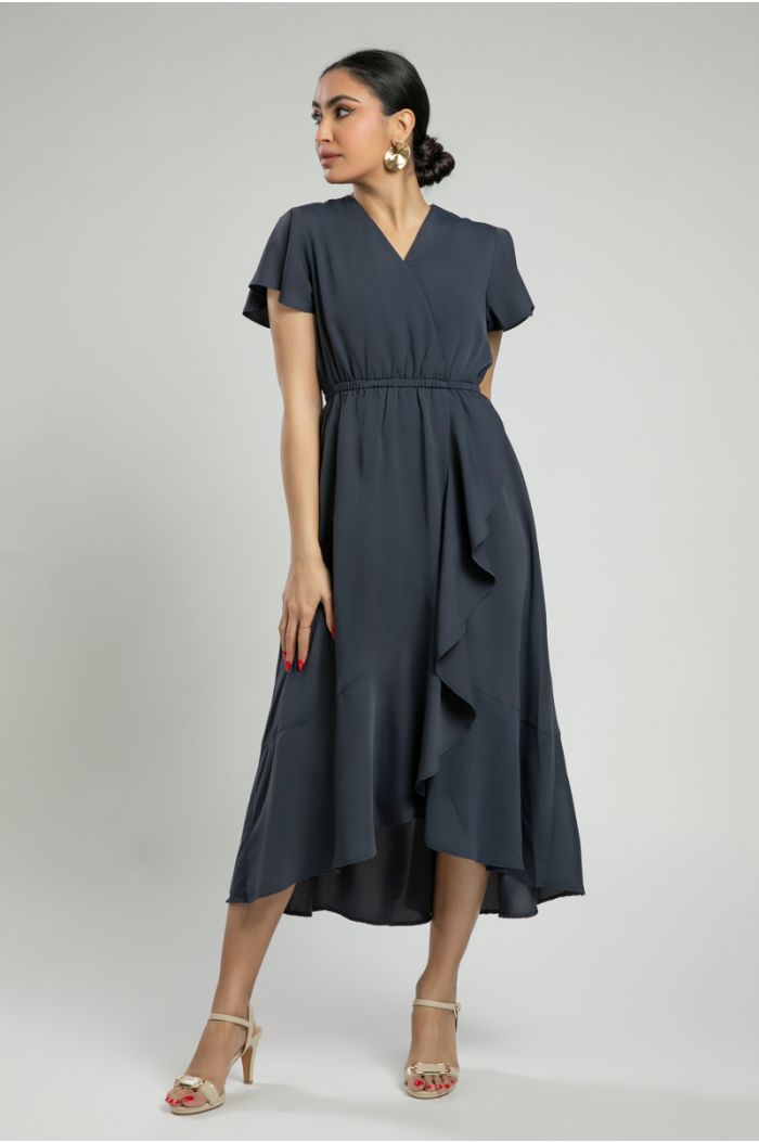 Short Sleeve Midi Dress with Cascading Detail