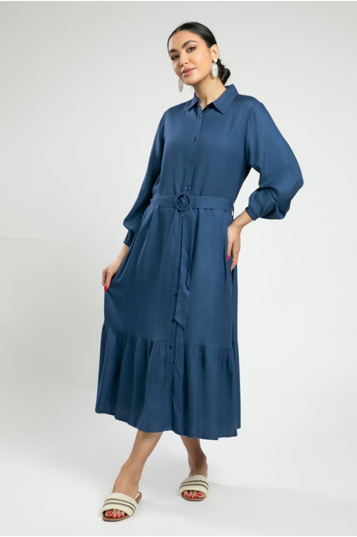 Shirt Dress with Belt and Tiered Hem