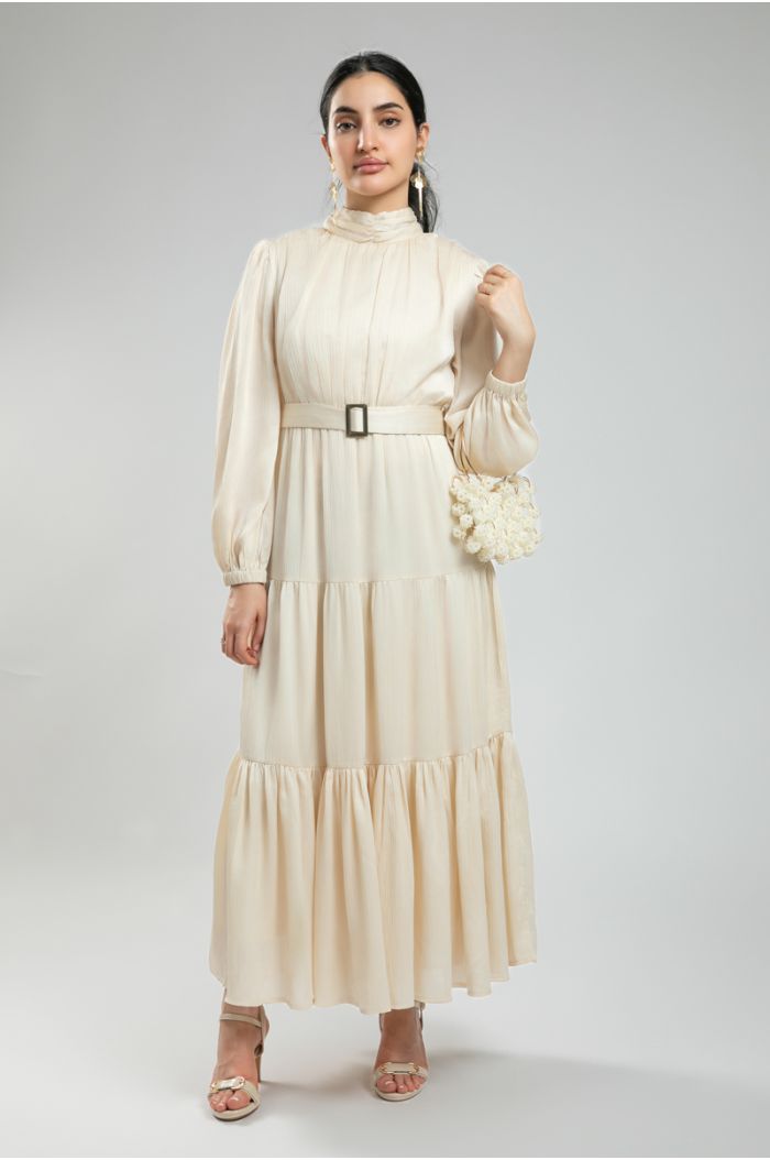Women's Feminine Long Sleeve Maxi Dress - Layered Design with Printed Fabric & Waist Belt