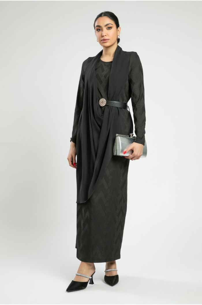Embroidered Long Dress with Draped Panel