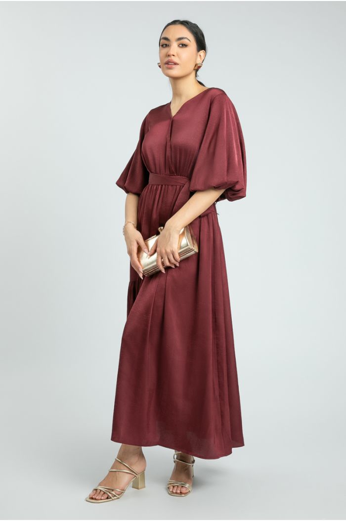Women Elegant Satin Maxi Dress with Puffed Sleeves